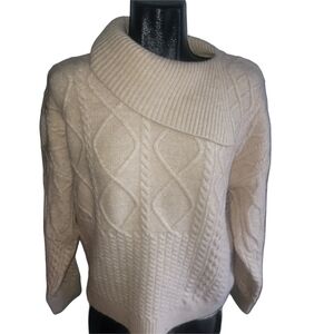 Nicole Miller Cream Cable Knit Wool Blend Split Turtleneck Sweater L